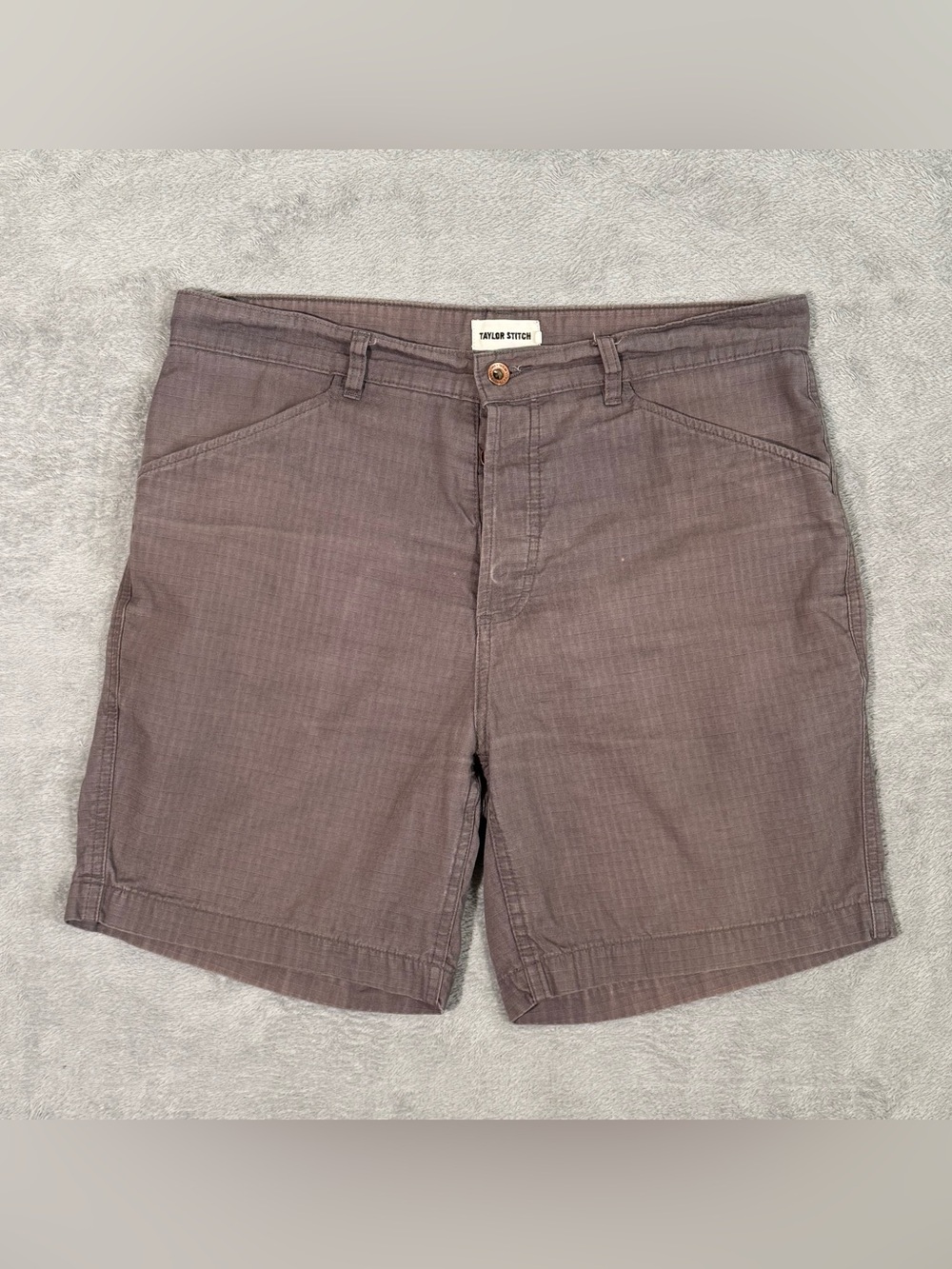 Taylor Stitch Mens 35 Brown Ripstop Organic Cotton Button Fly Shorts Distressed